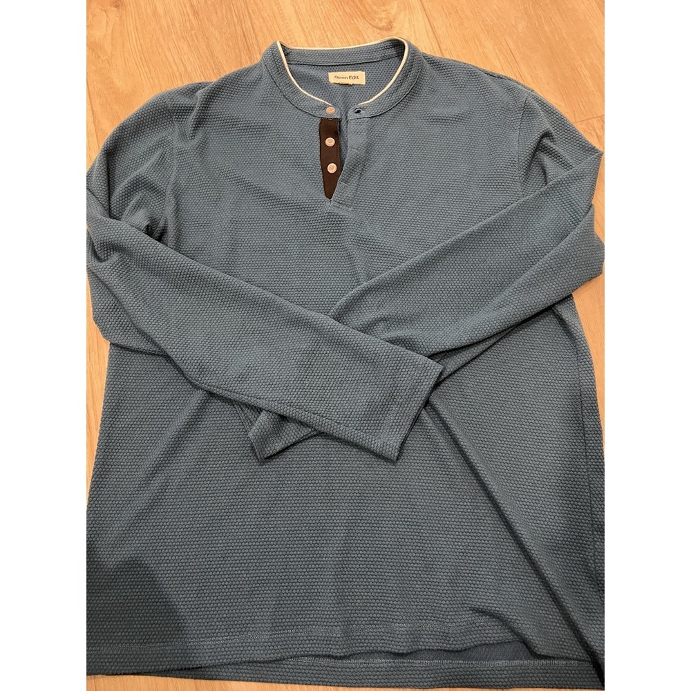 Open Edit Men's Long Sleeve Henley Shirt Blue Textured